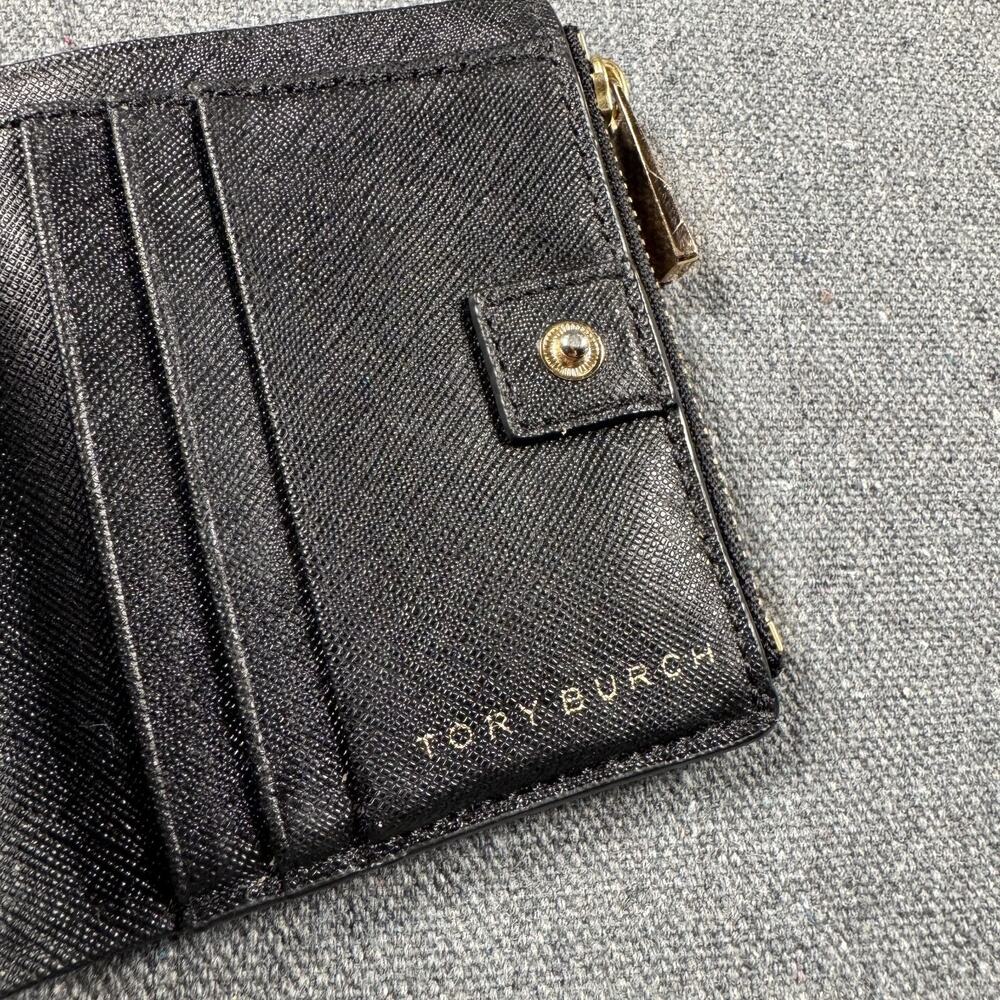 Tory Burch Robinson Snap Mini French Wallet Black Leather Gold Tone Zip Fold - Picture 3 of 5